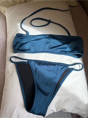 SOLID & STRIPED Dark Blue Bandeau Bikini with halter straps